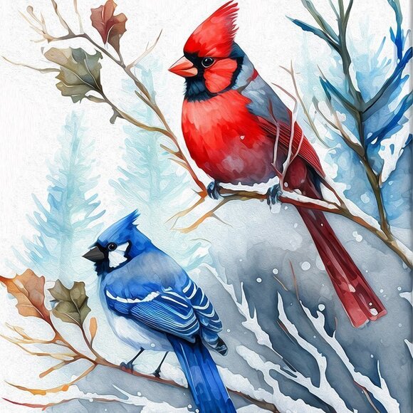 8x10 Blue Jay Red Cardinal Snow Birds‎ Watercolor Illustration Painting … - Picture 2 of 6